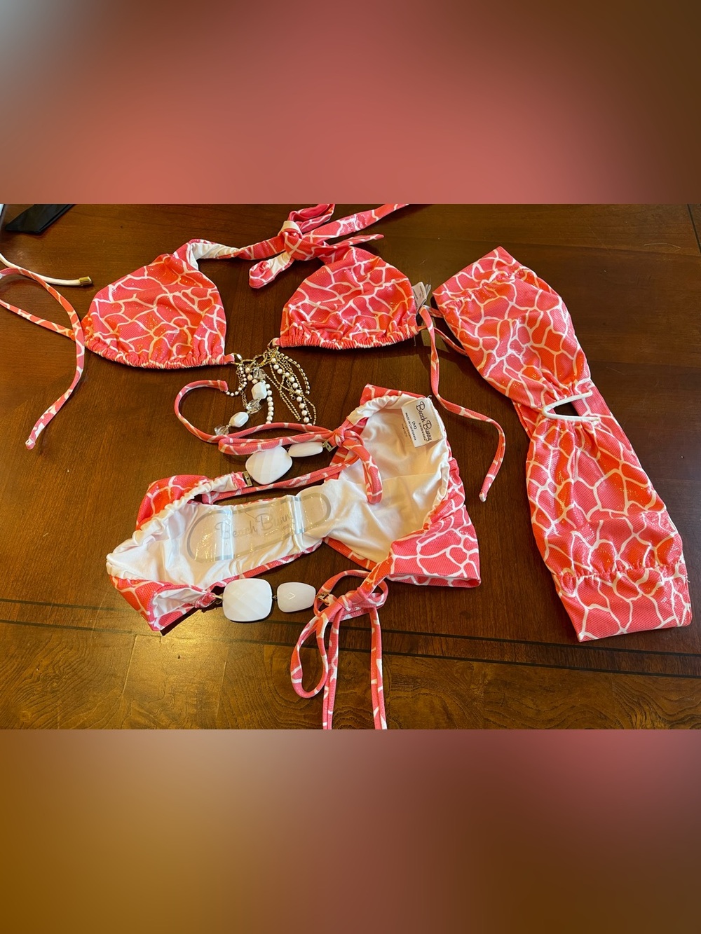 Beach bunny pink mermaid bikini bandeau XS, fringe top M and bottoms M - Picture 15 of 16